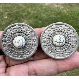 Vintage Liz Claiborne LCI Silver‎ Tone Button Statement Clip-On Earrings 1.25"